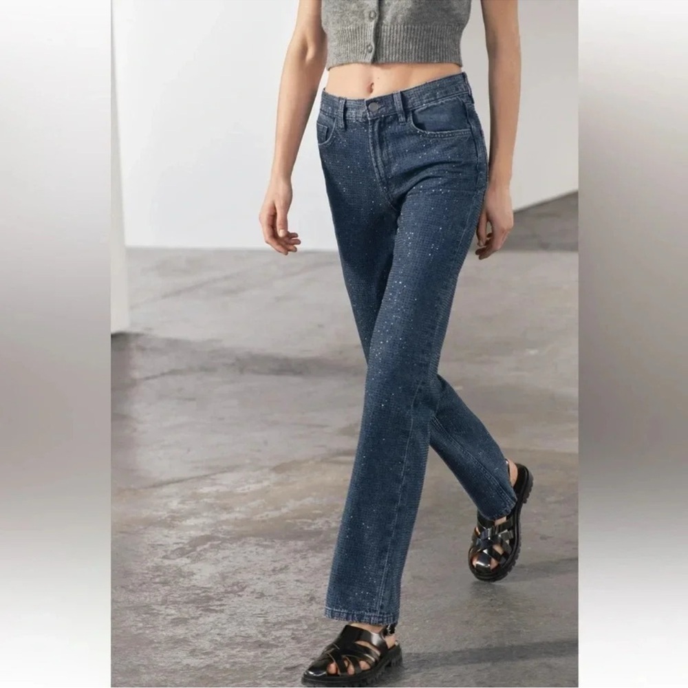 ZARA ZW COLLECTION RHINESTONE HIGH WAIST BOOTCUT BLOGGERS FAVORITE JEANS - Picture 8 of 15